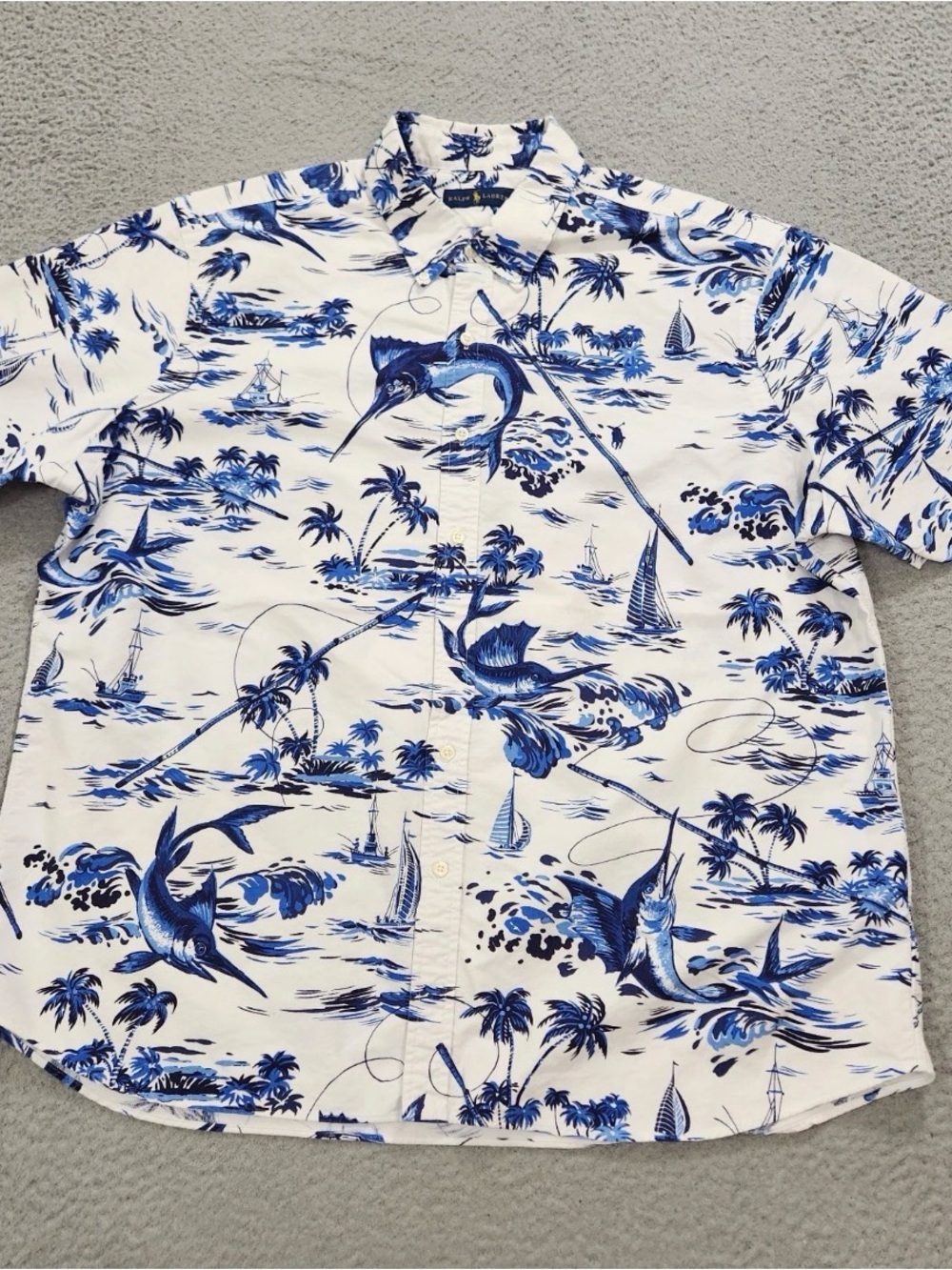 Ralph Lauren Shirt Mens 4XB White Blue Hawaiian Marlin Print Fish Tropical Rare